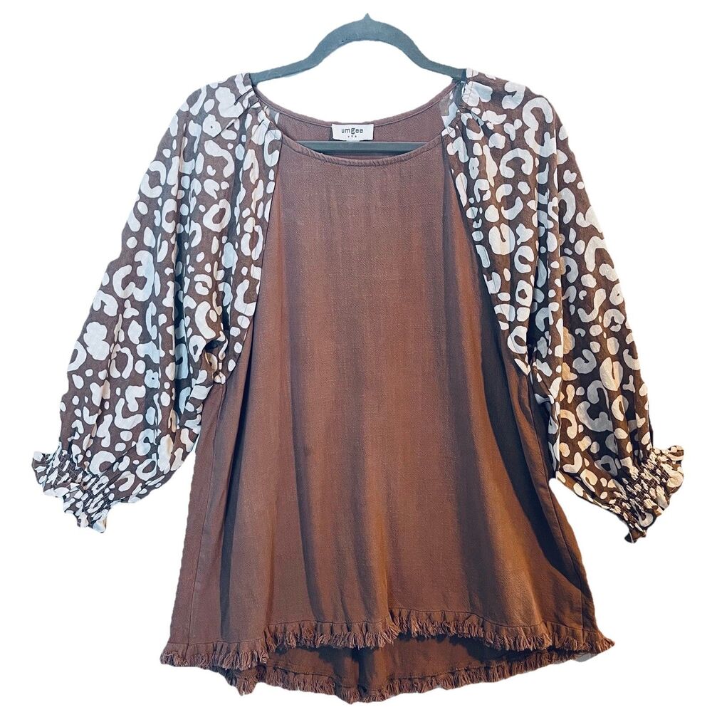 Umgee Women’s Blouse White & Brown Abstract Animal Print 3/4 Balloon Sleeves Sm